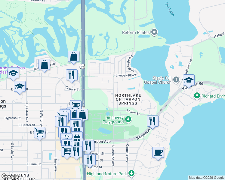 map of restaurants, bars, coffee shops, grocery stores, and more near 1202 Paradise Lake Drive in Tarpon Springs
