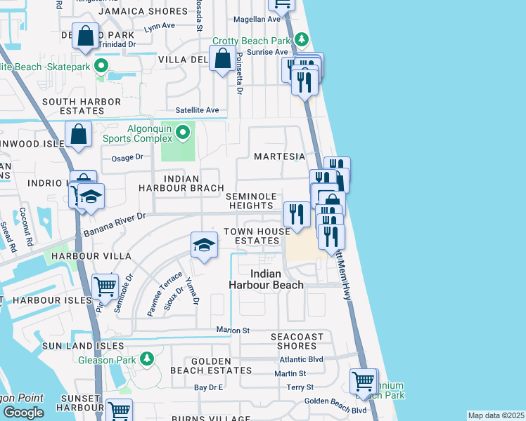 map of restaurants, bars, coffee shops, grocery stores, and more near 225 Emerald Drive North in Satellite Beach