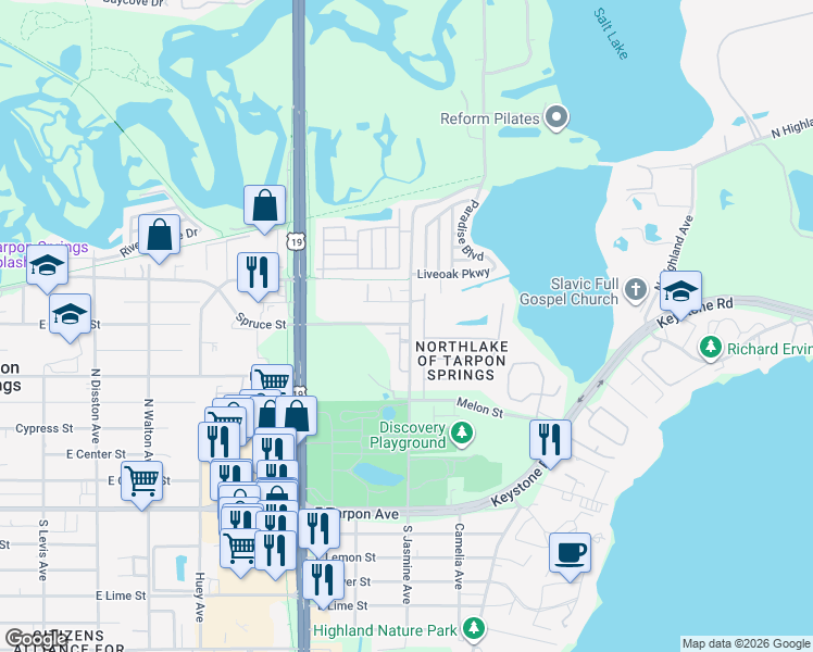map of restaurants, bars, coffee shops, grocery stores, and more near 1202 Paradise Lake Drive in Tarpon Springs