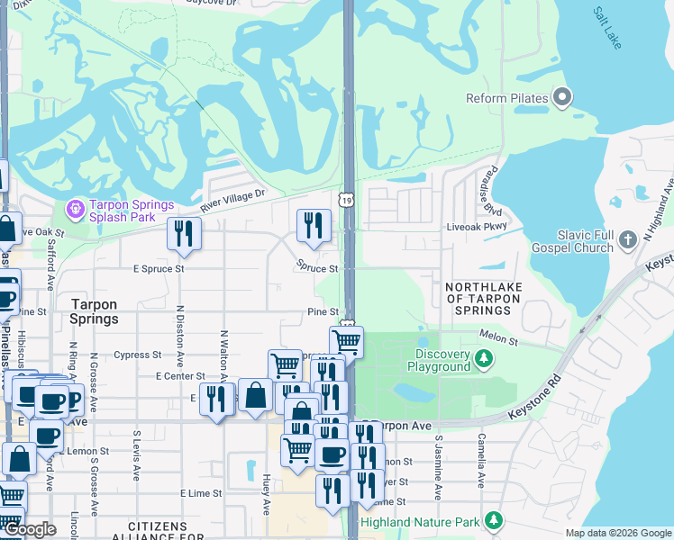 map of restaurants, bars, coffee shops, grocery stores, and more near Spruce Street in Tarpon Springs
