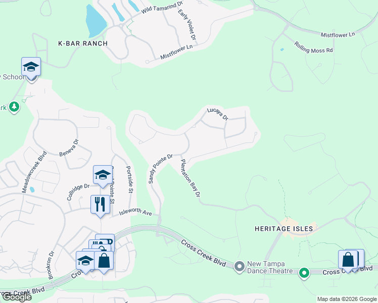 map of restaurants, bars, coffee shops, grocery stores, and more near 18207 Sandy Pointe Drive in Tampa