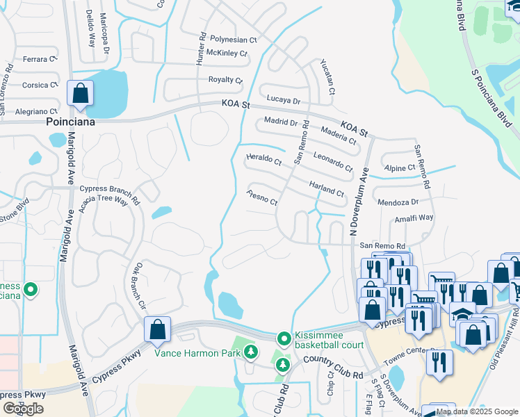 map of restaurants, bars, coffee shops, grocery stores, and more near 607 Estrada Lane in Kissimmee