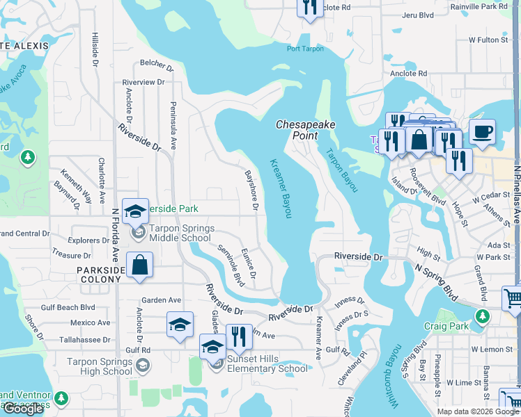 map of restaurants, bars, coffee shops, grocery stores, and more near 704 Bayshore Drive in Tarpon Springs
