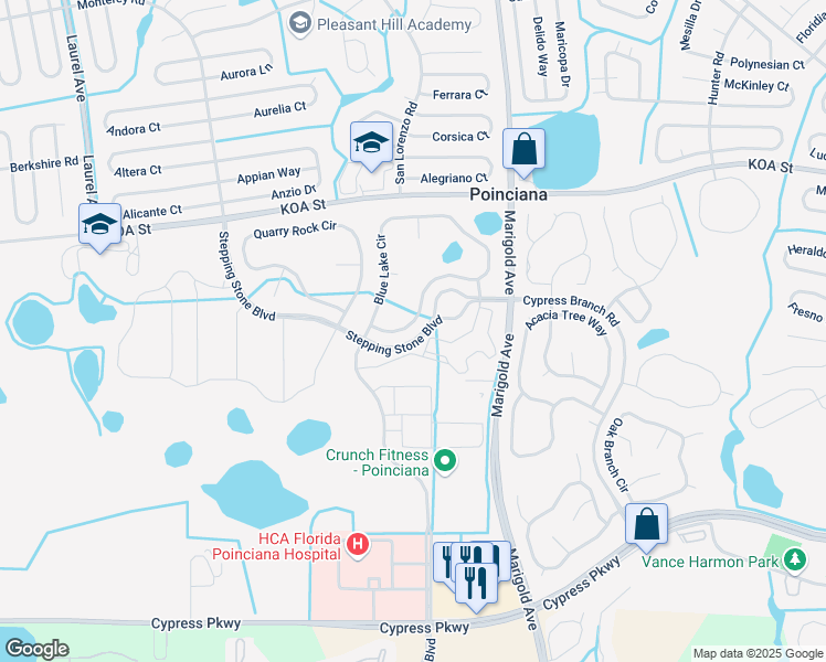 map of restaurants, bars, coffee shops, grocery stores, and more near 422 Blue Lake Circle in Kissimmee