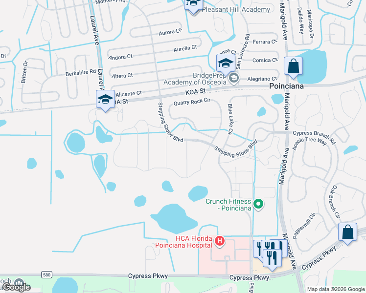 map of restaurants, bars, coffee shops, grocery stores, and more near 432 Blue Lake Circle in Kissimmee