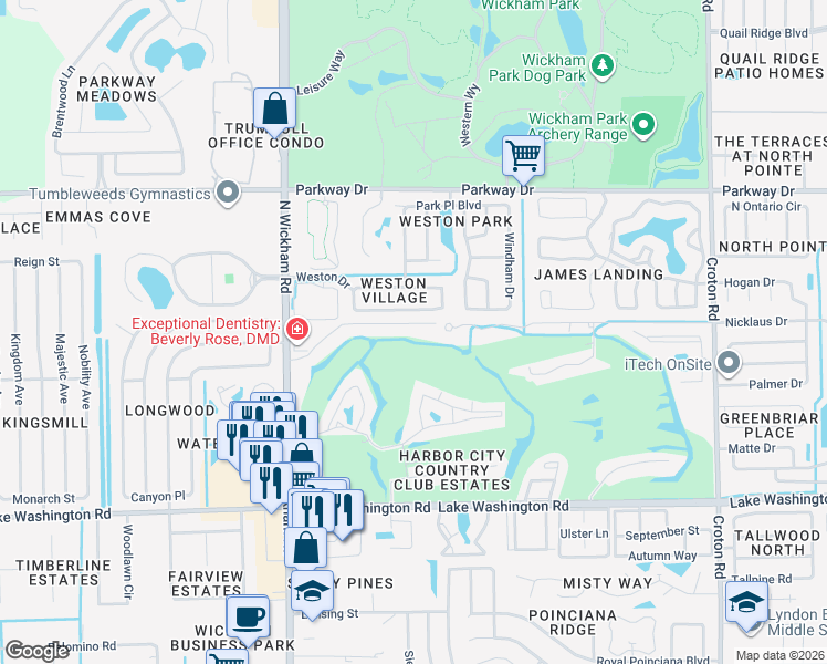 map of restaurants, bars, coffee shops, grocery stores, and more near 11 Harbor Sun Green Road in Melbourne