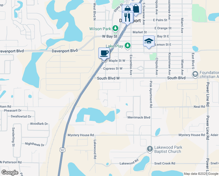 map of restaurants, bars, coffee shops, grocery stores, and more near 253 Fiddlewood Court in Davenport
