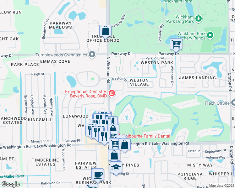 map of restaurants, bars, coffee shops, grocery stores, and more near 2775 North Wickham Road in Melbourne