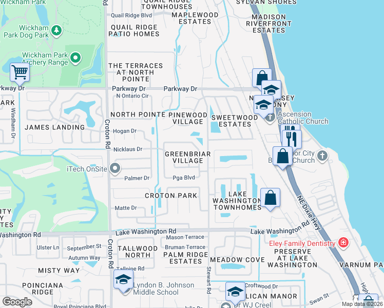 map of restaurants, bars, coffee shops, grocery stores, and more near 1723 Nicklaus Drive in Melbourne