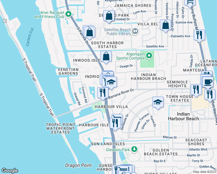 map of restaurants, bars, coffee shops, grocery stores, and more near 1877 South Patrick Drive in Indian Harbour Beach