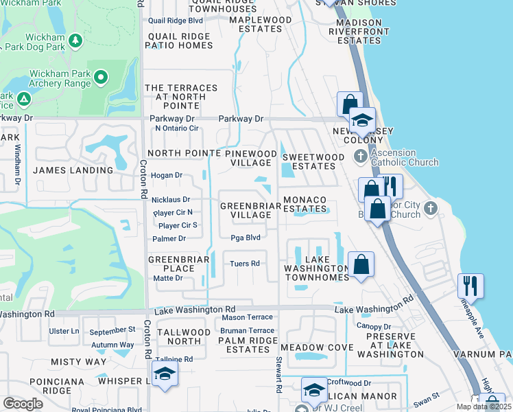 map of restaurants, bars, coffee shops, grocery stores, and more near 1723 Nicklaus Drive in Melbourne