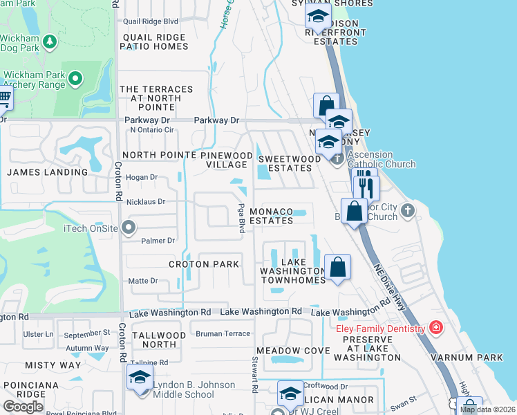 map of restaurants, bars, coffee shops, grocery stores, and more near 2740 Maderia Circle in Melbourne