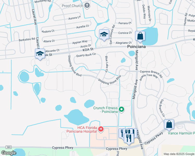 map of restaurants, bars, coffee shops, grocery stores, and more near Stepping Stone Blvd in Poinciana