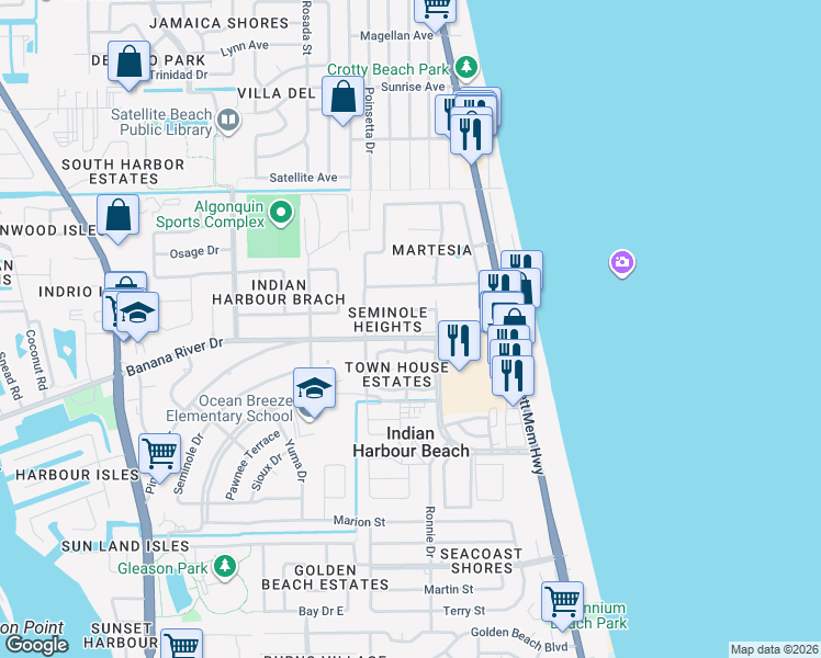 map of restaurants, bars, coffee shops, grocery stores, and more near 1028 Park Drive in Indian Harbour Beach
