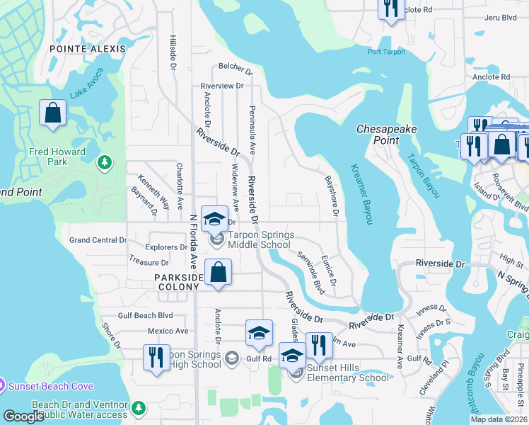 map of restaurants, bars, coffee shops, grocery stores, and more near 836 Riverside Drive in Tarpon Springs