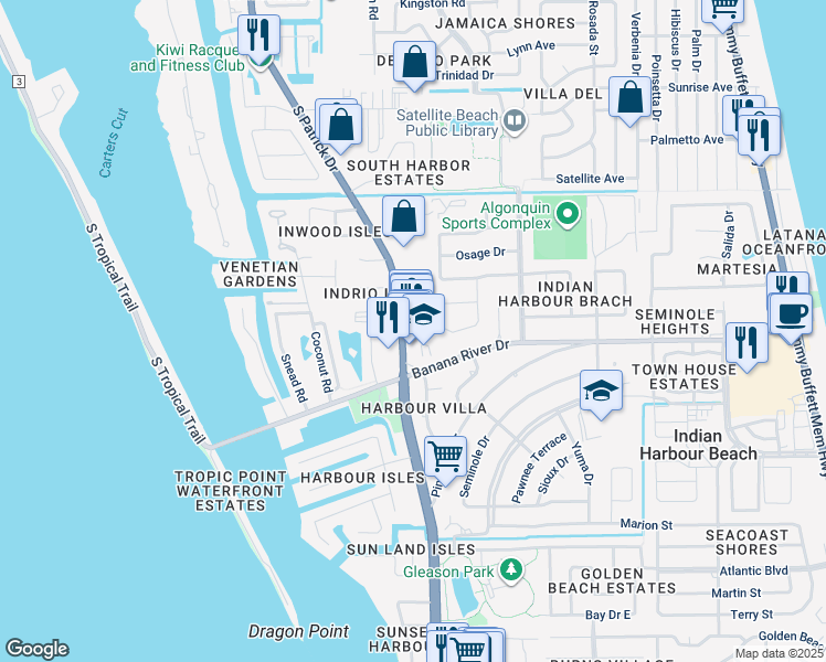 map of restaurants, bars, coffee shops, grocery stores, and more near 1877 South Patrick Drive in Indian Harbour Beach