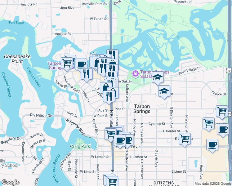 map of restaurants, bars, coffee shops, grocery stores, and more near 107 East Spruce Street in Tarpon Springs