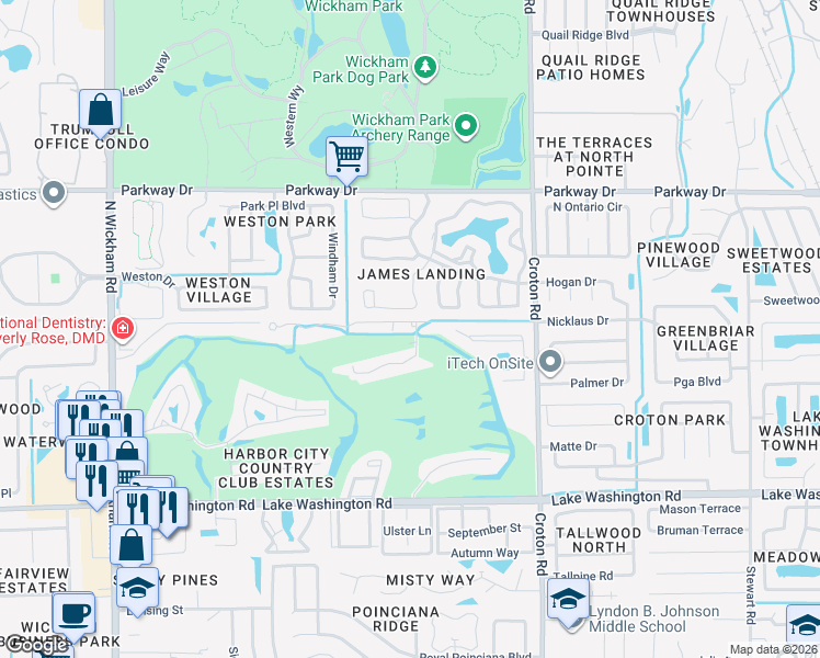 map of restaurants, bars, coffee shops, grocery stores, and more near 2201 Hampton Greens Boulevard in Melbourne