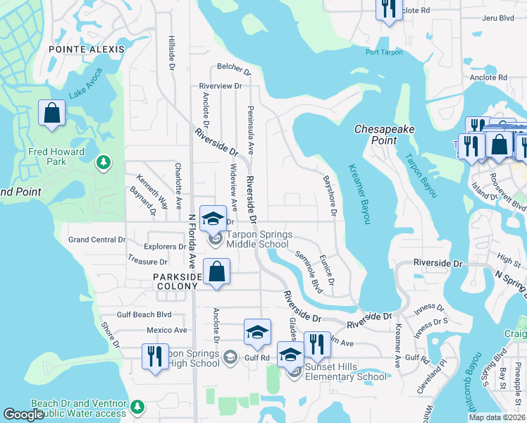 map of restaurants, bars, coffee shops, grocery stores, and more near 836 Riverside Drive in Tarpon Springs