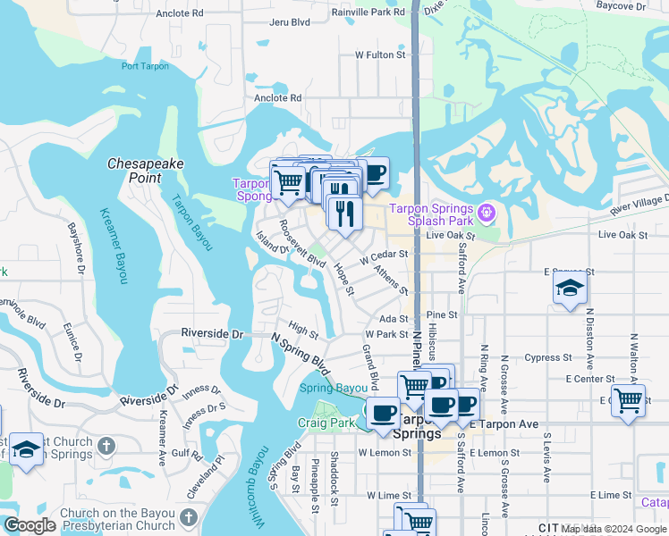 map of restaurants, bars, coffee shops, grocery stores, and more near 403 Hope Street in Tarpon Springs