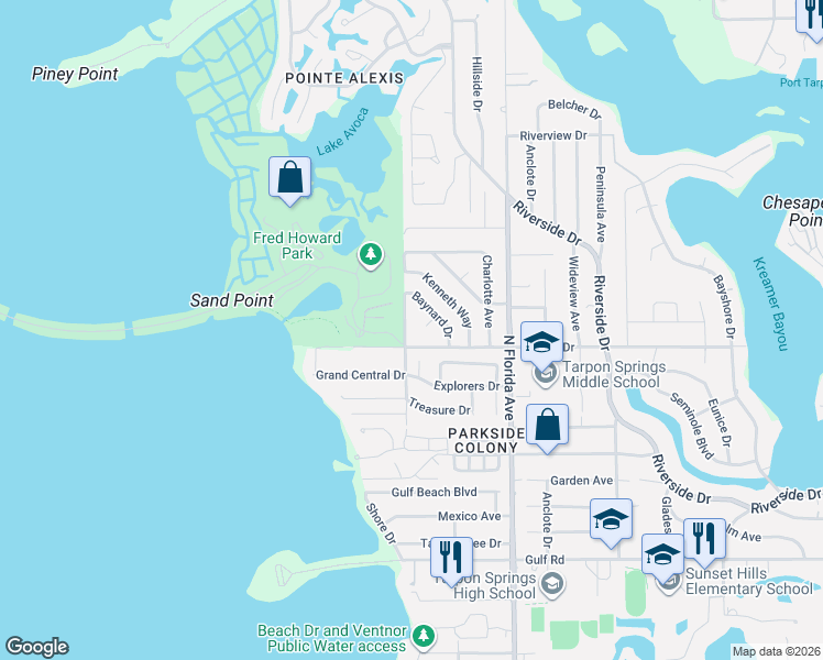 map of restaurants, bars, coffee shops, grocery stores, and more near 635 Baynard Drive in Tarpon Springs