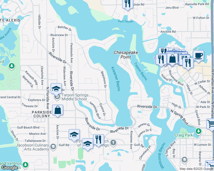 map of restaurants, bars, coffee shops, grocery stores, and more near 710 Bayshore Drive in Tarpon Springs