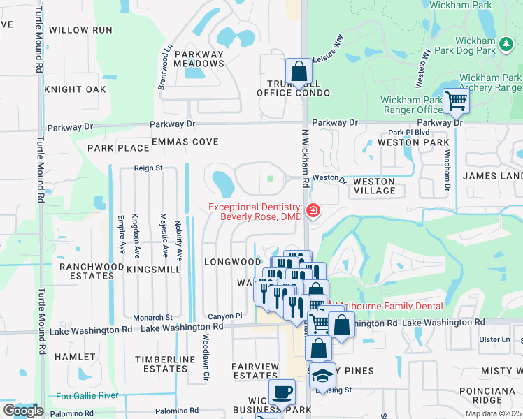 map of restaurants, bars, coffee shops, grocery stores, and more near 3147 Woodsmill Drive in Melbourne