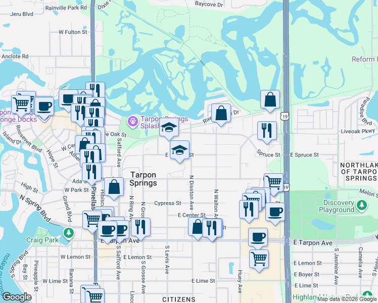 map of restaurants, bars, coffee shops, grocery stores, and more near 719 North Disston Avenue in Tarpon Springs