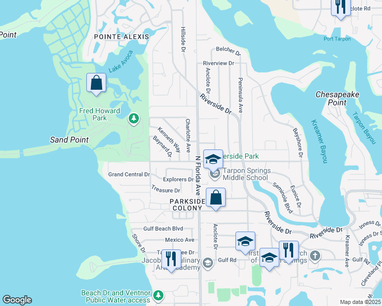 map of restaurants, bars, coffee shops, grocery stores, and more near 616 Charlotte Avenue in Tarpon Springs
