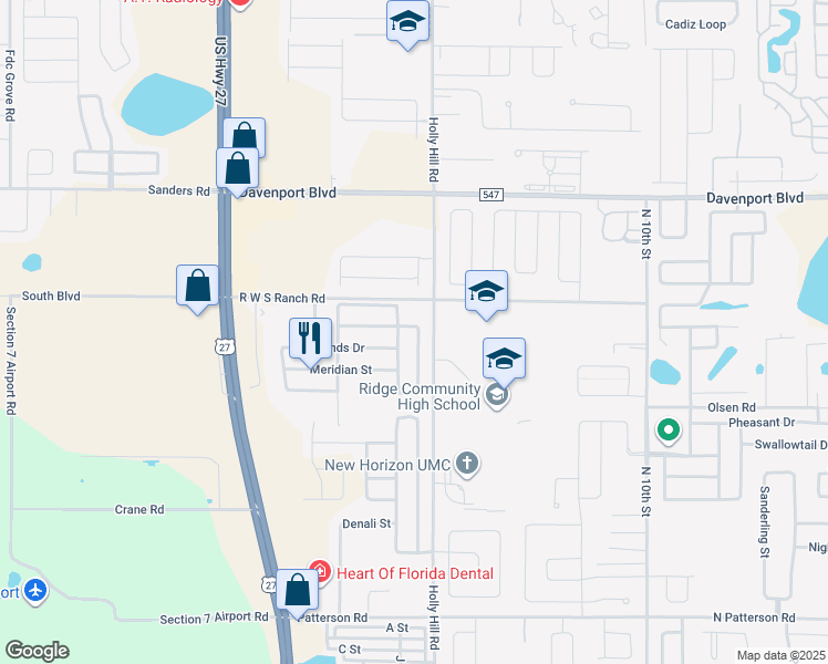map of restaurants, bars, coffee shops, grocery stores, and more near 750 Sierra Circle in Davenport