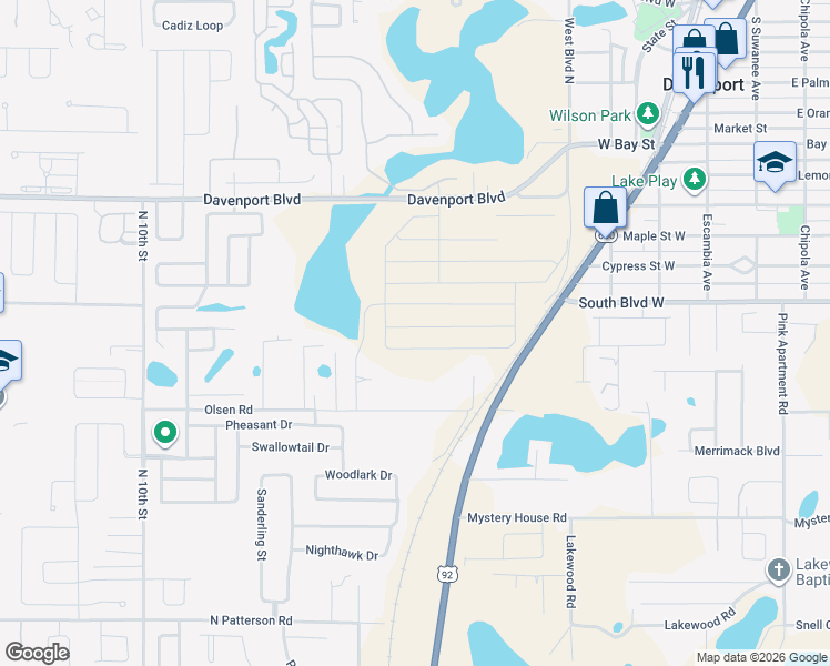 map of restaurants, bars, coffee shops, grocery stores, and more near 776 Park Road in Haines City