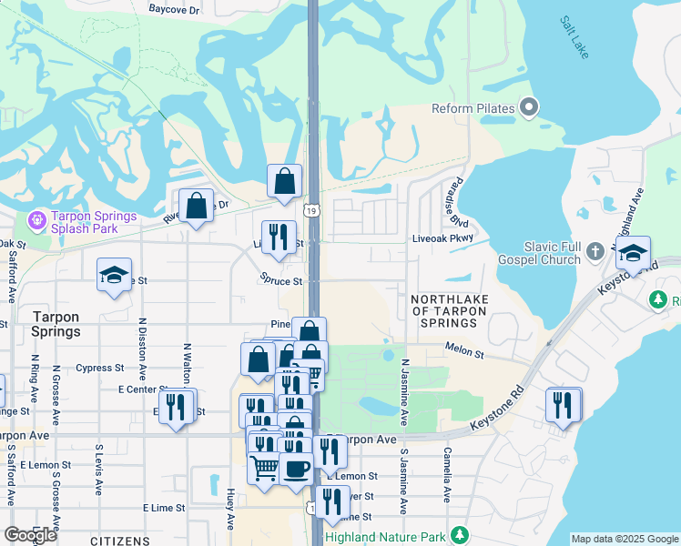 map of restaurants, bars, coffee shops, grocery stores, and more near 41975 U.S. 19 in Tarpon Springs