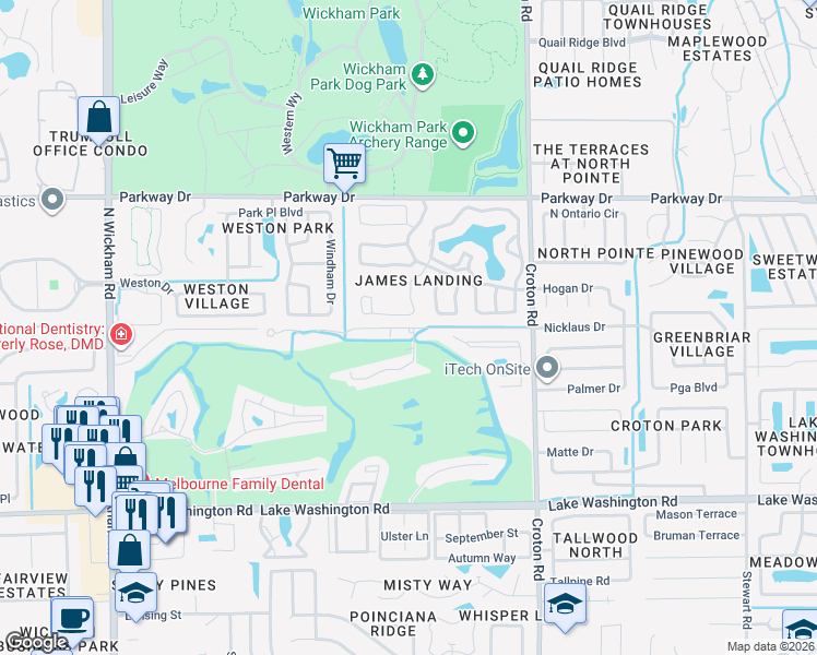 map of restaurants, bars, coffee shops, grocery stores, and more near Hampton Greens Boulevard in Melbourne