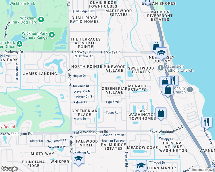 map of restaurants, bars, coffee shops, grocery stores, and more near 1642 Pga Boulevard in Melbourne