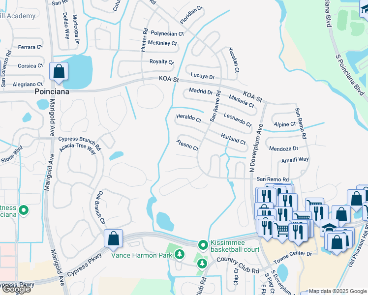 map of restaurants, bars, coffee shops, grocery stores, and more near 610 Fresno Court in Kissimmee