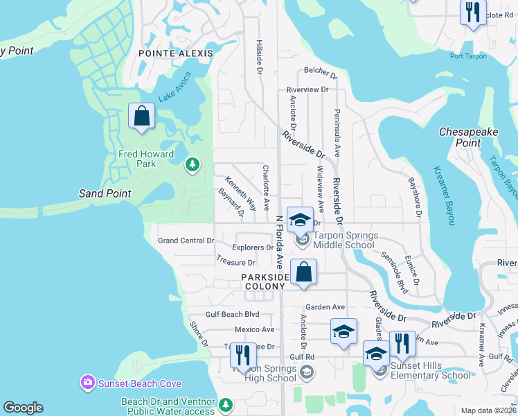 map of restaurants, bars, coffee shops, grocery stores, and more near 621 Kenneth Way in Tarpon Springs