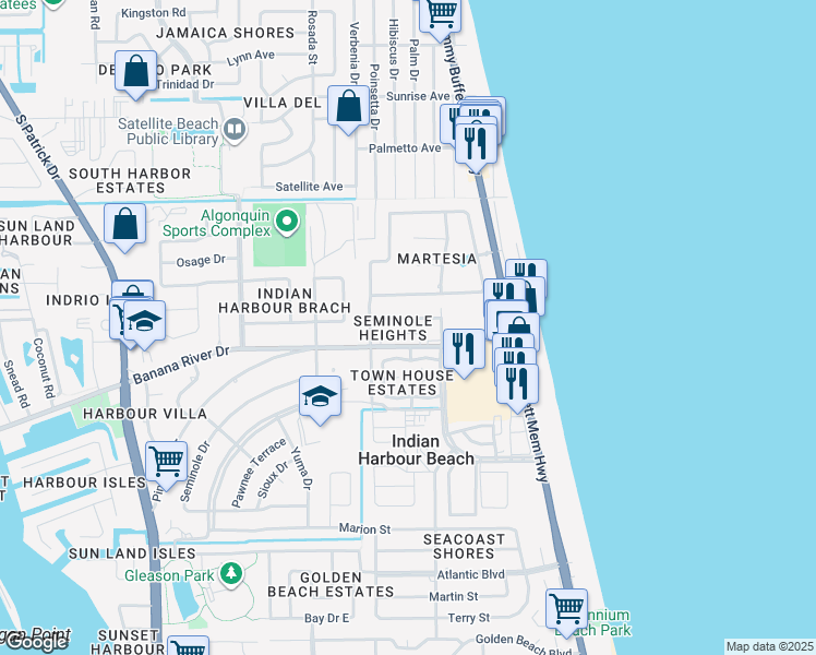map of restaurants, bars, coffee shops, grocery stores, and more near 1028 Park Drive in Indian Harbour Beach