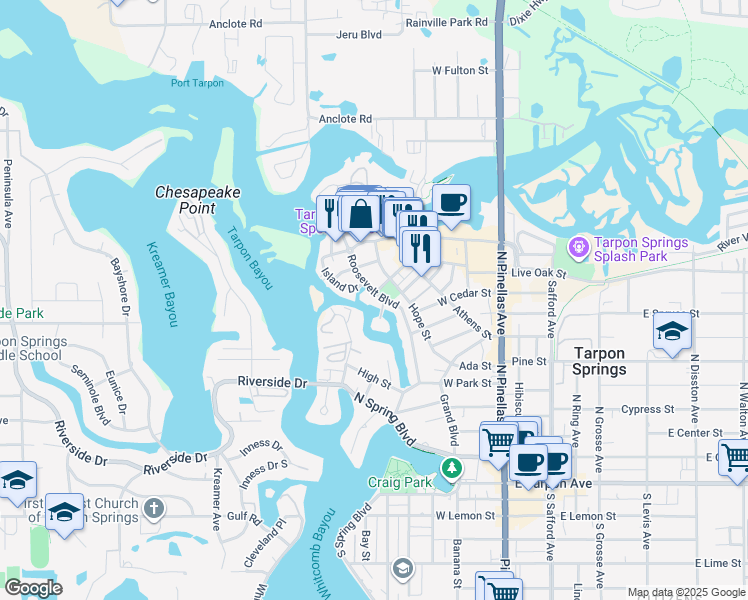 map of restaurants, bars, coffee shops, grocery stores, and more near 827 Roosevelt Boulevard in Tarpon Springs