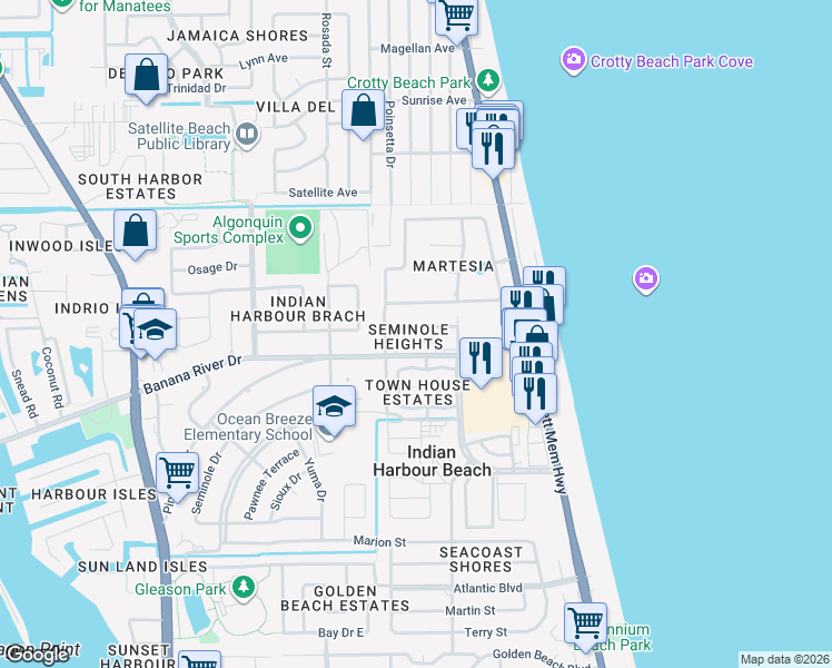 map of restaurants, bars, coffee shops, grocery stores, and more near 1028 Park Drive in Indian Harbour Beach