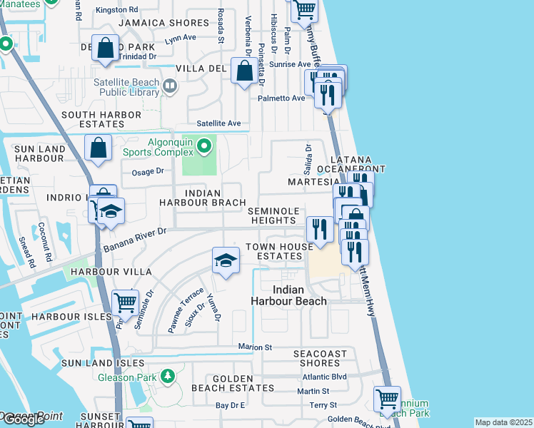 map of restaurants, bars, coffee shops, grocery stores, and more near 1028 Park Drive in Indian Harbour Beach