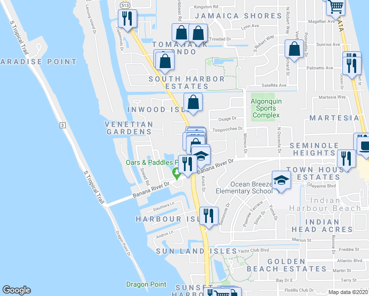 map of restaurants, bars, coffee shops, grocery stores, and more near 1268 Etruscan Way in Indian Harbour Beach