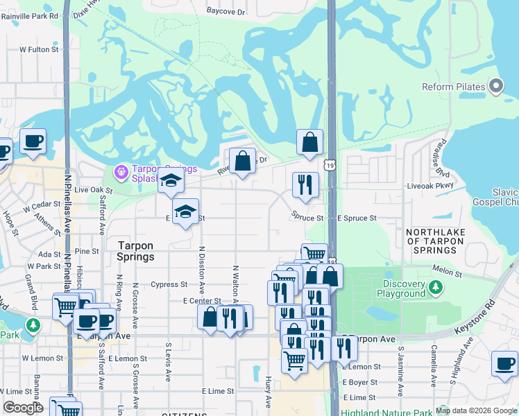 map of restaurants, bars, coffee shops, grocery stores, and more near 731 Locust Street in Tarpon Springs