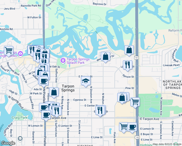 map of restaurants, bars, coffee shops, grocery stores, and more near 719 North Disston Avenue in Tarpon Springs