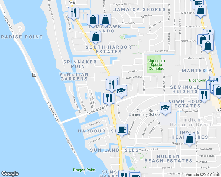 map of restaurants, bars, coffee shops, grocery stores, and more near Etruscan Way in Indian Harbour Beach