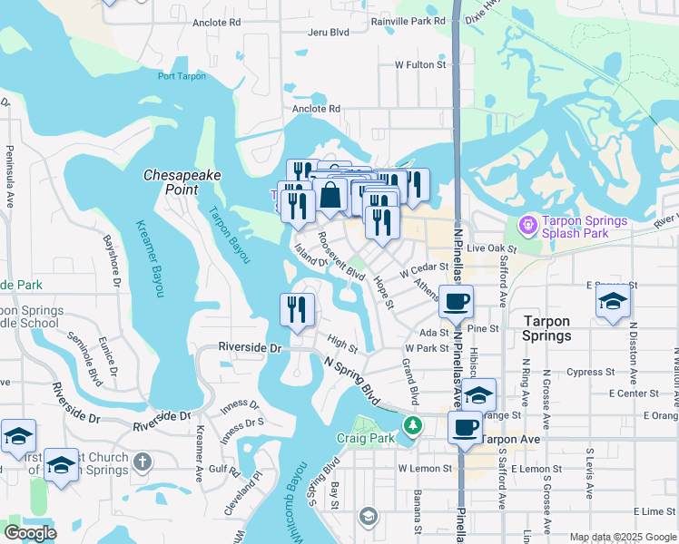 map of restaurants, bars, coffee shops, grocery stores, and more near 827 Roosevelt Boulevard in Tarpon Springs