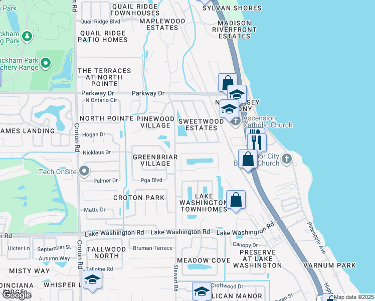 map of restaurants, bars, coffee shops, grocery stores, and more near 2772 Maderia Circle in Melbourne
