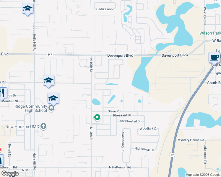 map of restaurants, bars, coffee shops, grocery stores, and more near 308 Highland Meadows Drive in Davenport