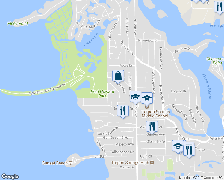 map of restaurants, bars, coffee shops, grocery stores, and more near 626 Baynard Court in Tarpon Springs