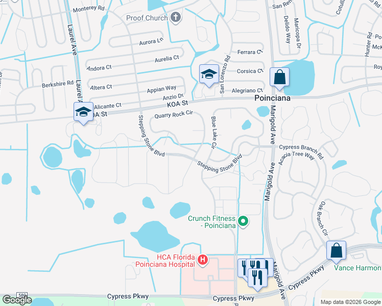 map of restaurants, bars, coffee shops, grocery stores, and more near 415 Quarry Rock Circle in Poinciana