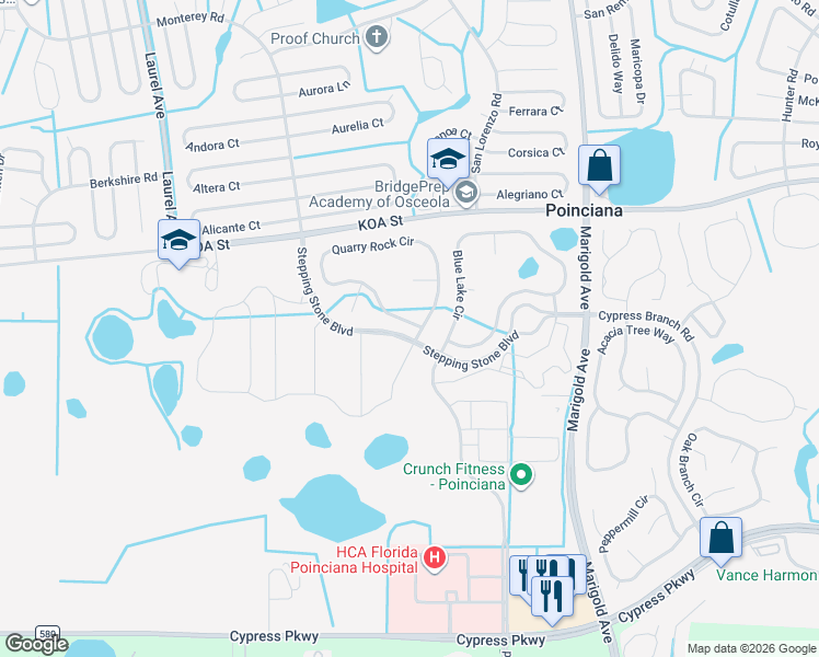 map of restaurants, bars, coffee shops, grocery stores, and more near 415 Quarry Rock Circle in Poinciana